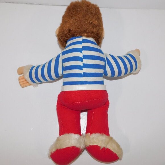 Vintage 15" Plush Stuffed Monkey In Blue White Striped Shirt Red Pants Chimp Ape - Picture 5 of 6